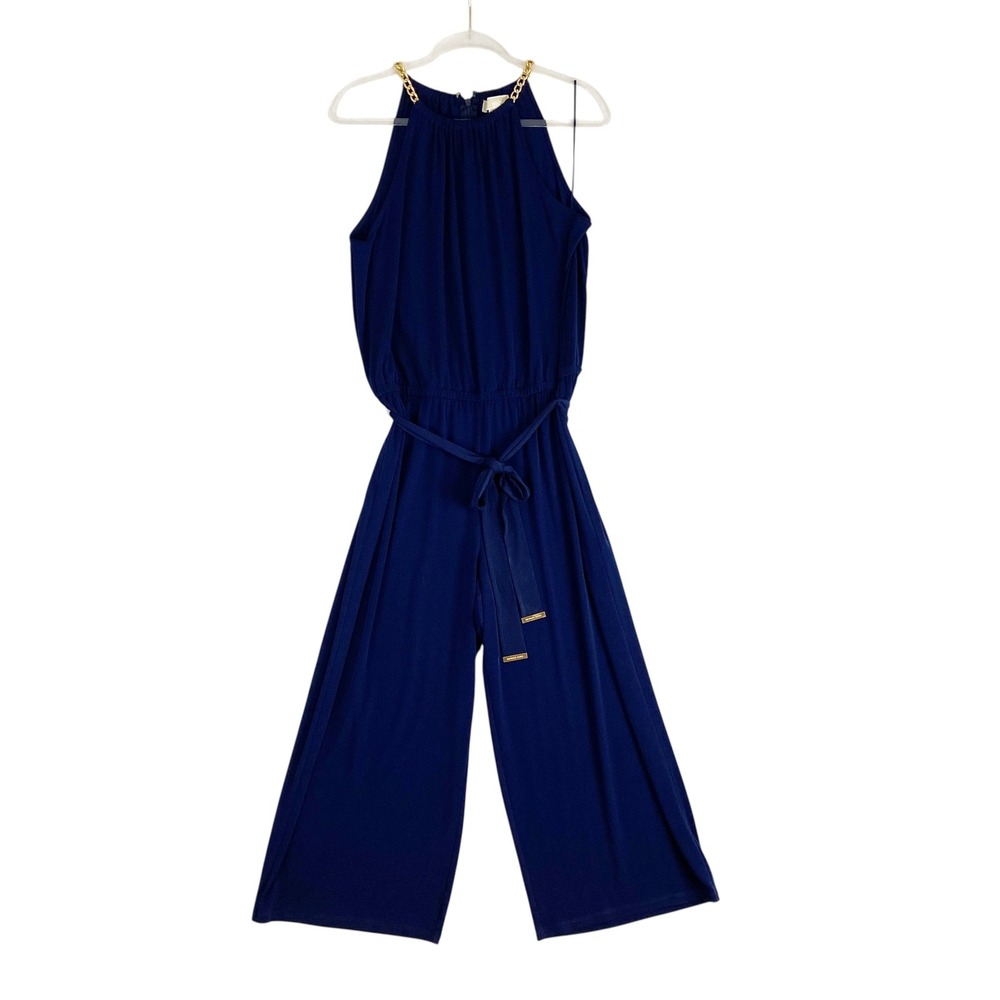 Michael‎ Kors Navy Blue Gold Chain Halter Wide Leg Jumpsuit XL